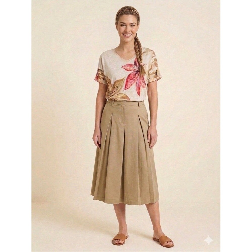 Chico’s Linen Top L Boho Tropical Floral V-Neck Knit Tee Resort Coastal Pleated